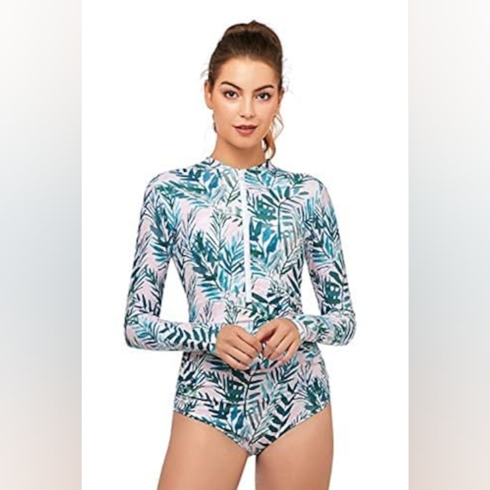 AXESEA Rash Guard Long Sleeve One Piece Swimsuit Ruched Zip 16 UPF 50 NWT Modest